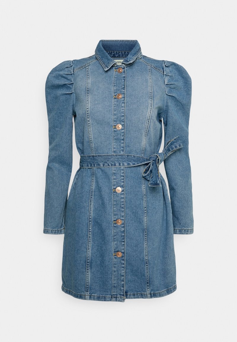 Denim dress with a collared neckline, long sleeves, puffed shoulders, and a cinched waist. Features front buttons and a detachable belt.