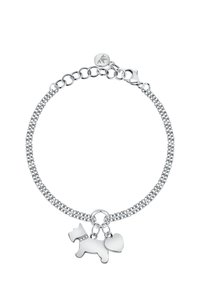 Braccialetto in catena d'argento con una finitura testurizzata, dotato di un ciondolo a forma di cane e di un cuore, entrambi levigati. Include un sicuro gancio a molla e un'etichetta con il logo del marchio.