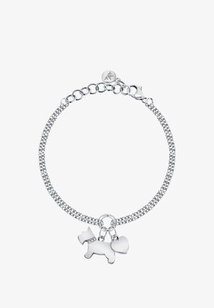 Braccialetto in catena d'argento con una finitura testurizzata, dotato di un ciondolo a forma di cane e di un cuore, entrambi levigati. Include un sicuro gancio a molla e un'etichetta con il logo del marchio.