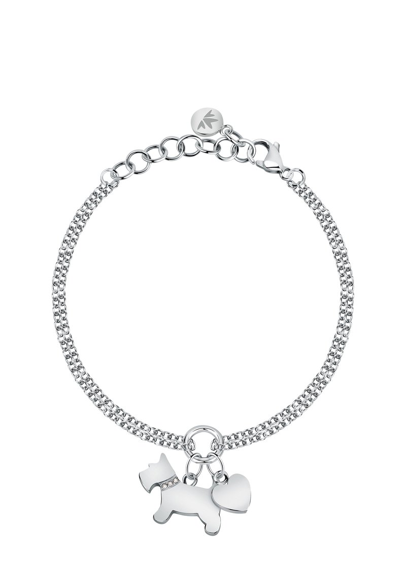 Braccialetto in catena d'argento con una finitura testurizzata, dotato di un ciondolo a forma di cane e di un cuore, entrambi levigati. Include un sicuro gancio a molla e un'etichetta con il logo del marchio.