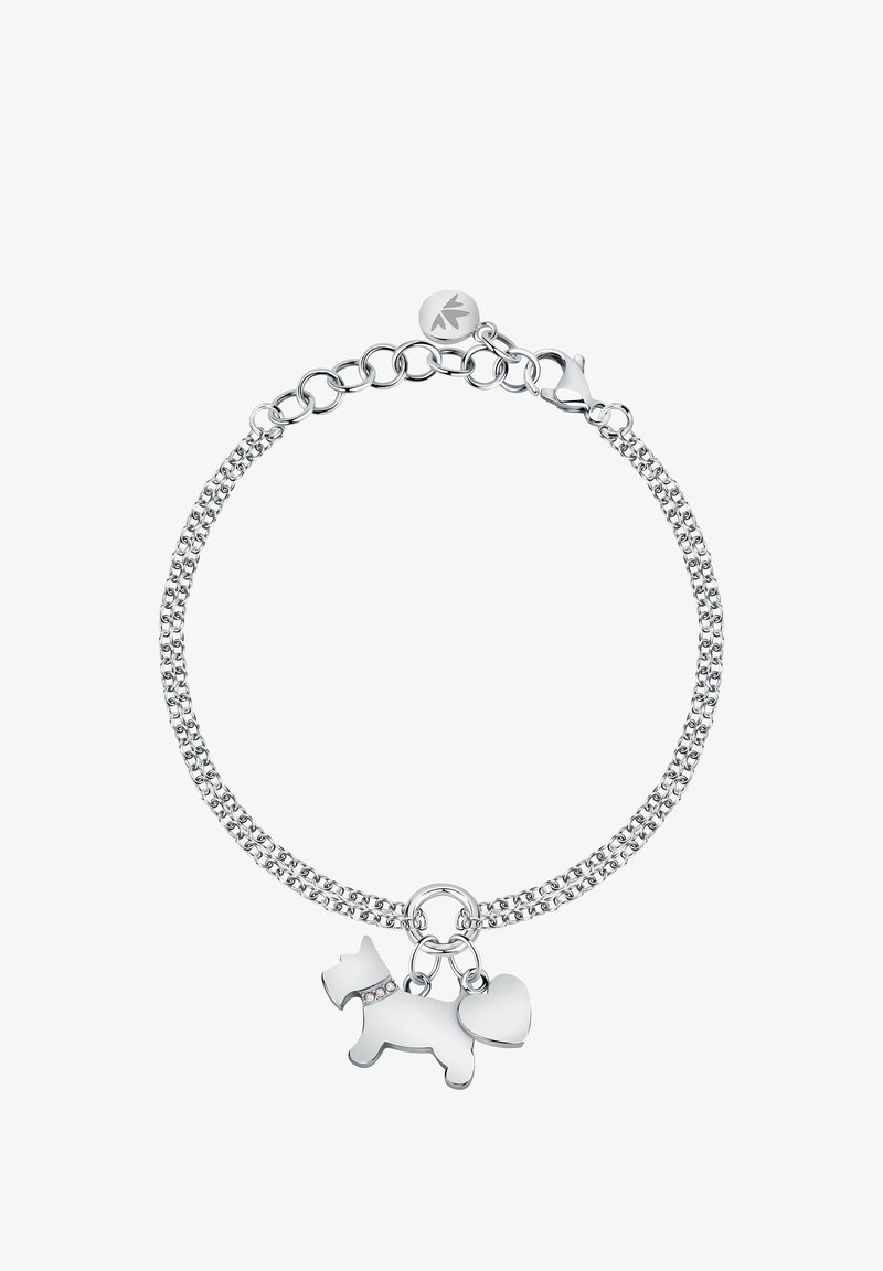 Braccialetto in catena d'argento con una finitura testurizzata, dotato di un ciondolo a forma di cane e di un cuore, entrambi levigati. Include un sicuro gancio a molla e un'etichetta con il logo del marchio.