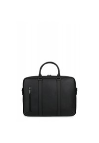 Zwart leren laptoptas met twee bovenhandvaten, een ritsvak aan de voorkant en een minimalistisch ontwerp. Kenmerkt verticale accentstrepen.