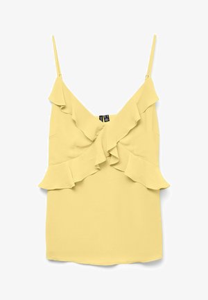 Dzeltena bez piedurknēm topiņa ar raupjām detaļām priekšpusē un apakšmalā. Izgatavota no viegla auduma ar gludu tekstūru.