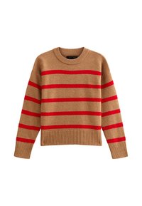 Maglione beige con strisce orizzontali rosse, colletto e orlo a costine, realizzato in un morbido misto lana, con un design classico a girocollo.