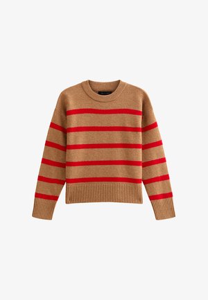 Maglione beige con strisce orizzontali rosse, colletto e orlo a costine, realizzato in un morbido misto lana, con un design classico a girocollo.