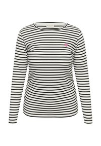 Cămașă cu mâneci lungi, cu dungi orizontale alb-negru, gât rotund și o broderie roz în formă de inimă în zona pieptului stâng.