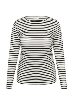 Langärmliges Hemd mit schwarz-weißen horizontalen Streifen, rundem Ausschnitt und einer rosa Herzstickerei auf der linken Brustseite.