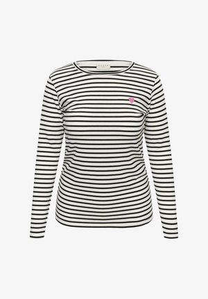 Langärmliges Hemd mit schwarz-weißen horizontalen Streifen, rundem Ausschnitt und einer rosa Herzstickerei auf der linken Brustseite.