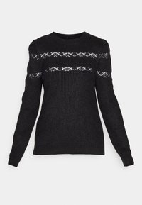 Maglione nero lavorato a maglia con maniche lunghe, caratterizzato da un motivo di pizzo orizzontale sul petto e sulle spalle, scollo rotondo e tessuto testurizzato.