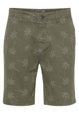 Olīvu zaļas kokvilnas šortos ar palmu koku apdruku. Ar pogu aizdari, priekšējām kabatām un taisnu griezumu.