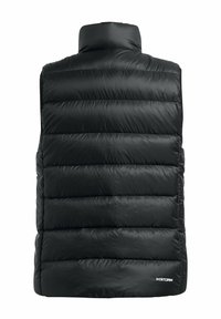 Gilet imbottito nero con colletto alto, caratterizzato da sezioni trapuntate orizzontali e una texture liscia e lucida. Include un logo in basso a destra.