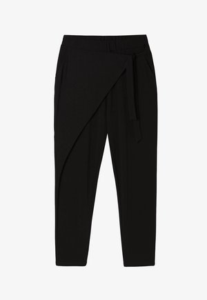 Sorte bukser med en bred elastisk talje, frontwrap-design og sidelommer. Lavet af blødt materiale, der har en glat overflade.