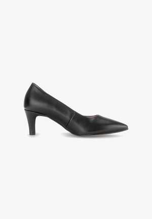 Escarpin pour femme en cuir noir à bout pointu avec un talon fin de hauteur moyenne, présenté en profil latéral sur fond blanc.