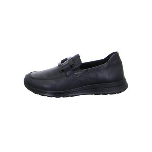 Mocassin pour homme en cuir noir, style slip-on, avec dessus texturé et bride décorative sur le dessus, semelle coussinée pour plus de confort.