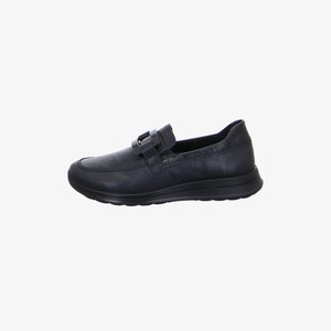 Mocassin pour homme en cuir noir, style slip-on, avec dessus texturé et bride décorative sur le dessus, semelle coussinée pour plus de confort.