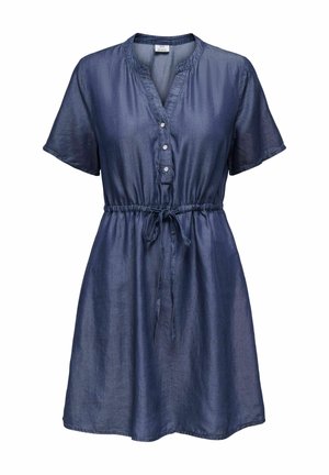 Short-sleeve navy blue dress with buttons, drawstring waist, and a relaxed fit.