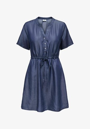 Short-sleeve navy blue dress with buttons, drawstring waist, and a relaxed fit.
