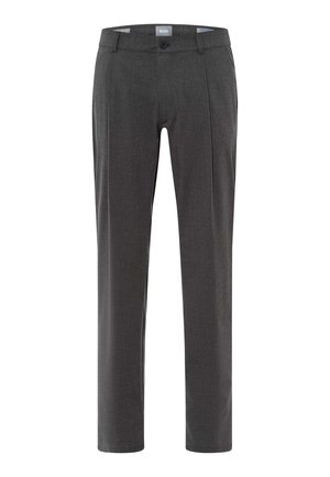 Grijze geklede broek van geweven stof, met een rechte pijp, voorplooien en een knoopsluiting.