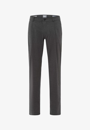 Grijze geklede broek van geweven stof, met een rechte pijp, voorplooien en een knoopsluiting.