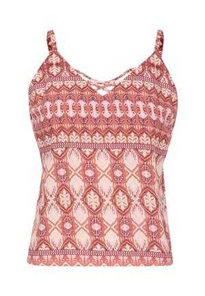 Kerge kangast rihmadega tipp, millel on punane ja roosa asümmeetriline muster, õhukeste rihmade ning V-kujulise kaelusega.