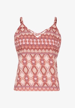 Top cu bretele, confecționat dintr-un material ușor, cu un model asimetric roșu și roz, având bretele subțiri și un decolteu în formă de V.