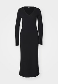 Black ribbed knit dress with a V-neck, fitted bodice, long sleeves, and side slits. Floor-length, smooth texture, minimalistic design.