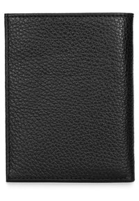 Black leather wallet with a textured surface. Rectangular shape, stitched edges, and minimal design, suitable for storage of cards and cash.