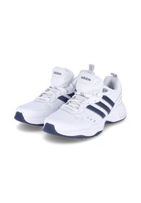 White athletic shoes with blue stripes. Made of synthetic material, featuring a padded collar, laces, and a textured rubber sole.