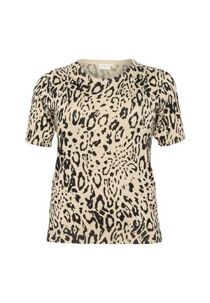 Beige T-Shirt mit kurzen Ärmeln, das ein schwarzes Leopardenmuster-Design, einen runden Halsausschnitt und eine glatte Stricktextur aufweist.