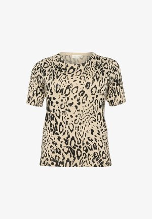 Beige rövid ujjú póló fekete leopárdmintával, kerek nyakkivágással és sima kötött textúrával.