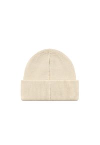 Kremowa dziana czapka z prążkowanym wzorem, z wywijanym brzegiem i zaokrąglonym wierzchem. Materiał wydaje się miękki i elastyczny.
