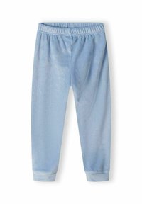 Pantaloni din velur albastru deschis cu talie elastică, design cu picioare evazate și textură moale. Nu au modele sau accente vizibile.