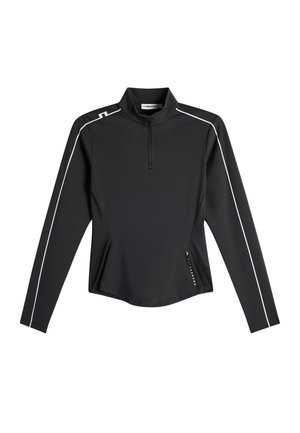 Haut de sport noir à manches longues avec fermeture éclair au quart, passepoil blanc sur les manches et les épaules, et petit texte de logo près de la taille.