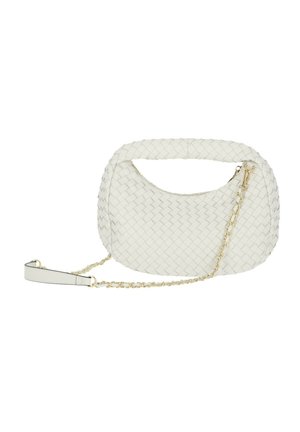 Biała pleciona skórzana torebka z wyściełanym uchwytem i złotym łańcuszkiem, z zamkiem błyskawicznym na zakrzywionym górnym brzegu.
