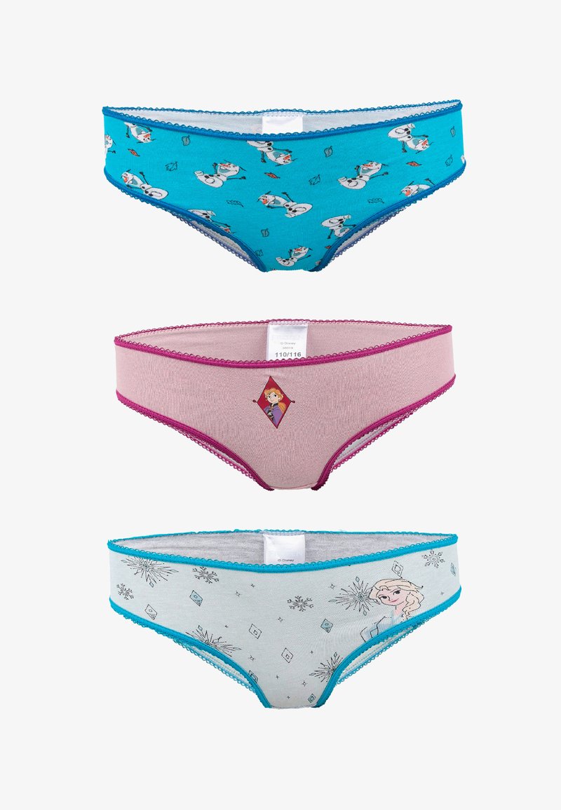 Tre mutandine per ragazze con personaggi di Disney Frozen: blu con stampe di Olaf, rosa con simbolo di Anna e azzurro chiaro con Elsa e fiocchi di neve.