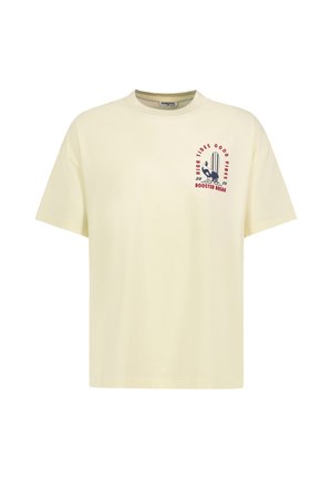 Short beige T-shirt with round neck and small front print of a rooster, surfboard, and text "High Tides Good Vibes Rooster Break."