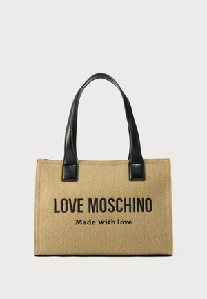 Beige textúrált válltáska fekete bőr fogantyúkkal, az elején "LOVE MOSCHINO Made with love" felirattal.