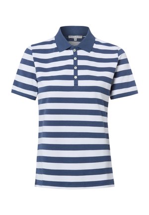 Kurzärmeliges Poloshirt mit marineblauen und weißen horizontalen Streifen, marineblauem Kragen und vier weißen Knöpfen an der Knopfleiste.