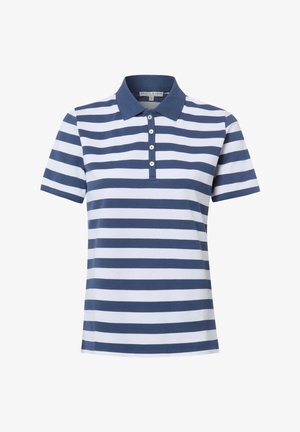 Polo à manches courtes rayé horizontalement bleu marine et blanc, col bleu marine et quatre boutons blancs sur une patte de boutonnage.