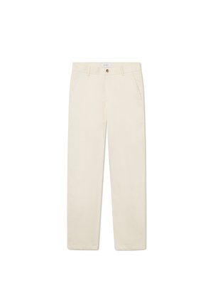 Light beige trousers made of cotton. Features straight legs, two front pockets, a button closure, and a stitched waistband.