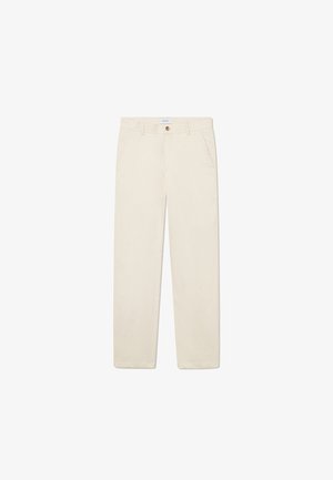 Calças bege claras feitas de algodão. Apresentam pernas retas, dois bolsos frontais, um fecho de botão e uma cintura cosida.