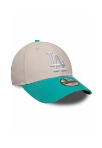 Baseball-Cap mit beiger Krone, türkisfarbenem Schirm und weißem gesticktem "LA"-Logo. Mit einem runden Logo-Patch auf dem Schirm.