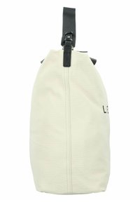 Canvas bag in cream color with a black leather strap. Features a drawstring closure and a side logo. Smooth texture with visible stitching.