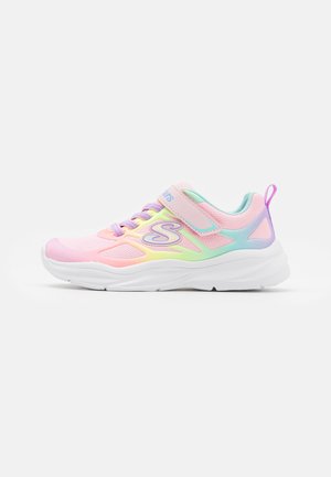 Lightweight athletic sneakers in pastel pink, mint green, and lavender, featuring a mesh upper, adjustable strap, and cushioned sole.