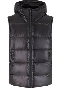 Svart polstret vest med hette, glidelås foran og to sidelommer. Glatt, blankt stoff med quiltet design og uten ermer.