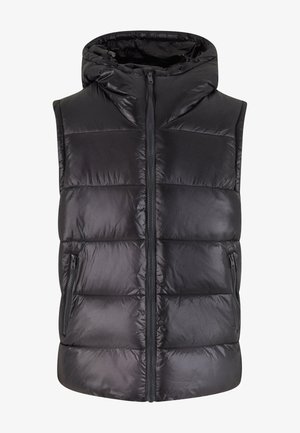 Črna podložena brezrokavnik s kapuco, z zadrgo spredaj in dvema stranskima žepoma. Gladka, sijoča tkanina s pikčasto zasnovo in brez rokavov.