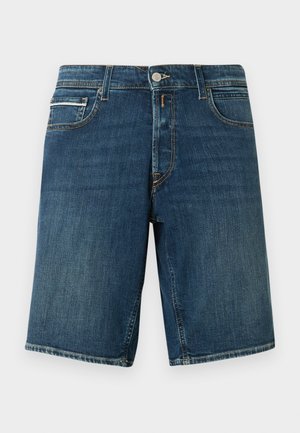 Džínové šortky se zapínáním na knoflík a zip, dvěma předními kapsami, poutky na opasek, v středně modré barvě s jemným vyblednutím.