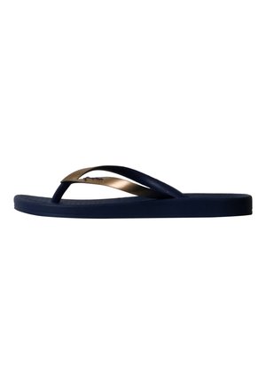 Sandale tong bleu marine avec bride en bronze métallique sur fond blanc, vue latérale, semelle plate.