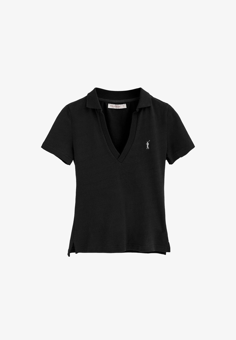 Polo noir à manches courtes avec col en V et fentes latérales. Présente un logo brodé en blanc sur la poitrine côté gauche. Fabriqué en coton.