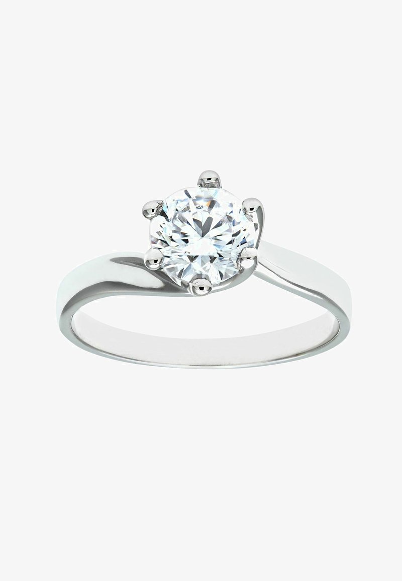 Prsten s jednim dijamantom u poliranom srebrnom metalu, koji sadrži veliki okrugli dijamant postavljen u šest kopči, s suženom trakom i glatkom završnom obradom.